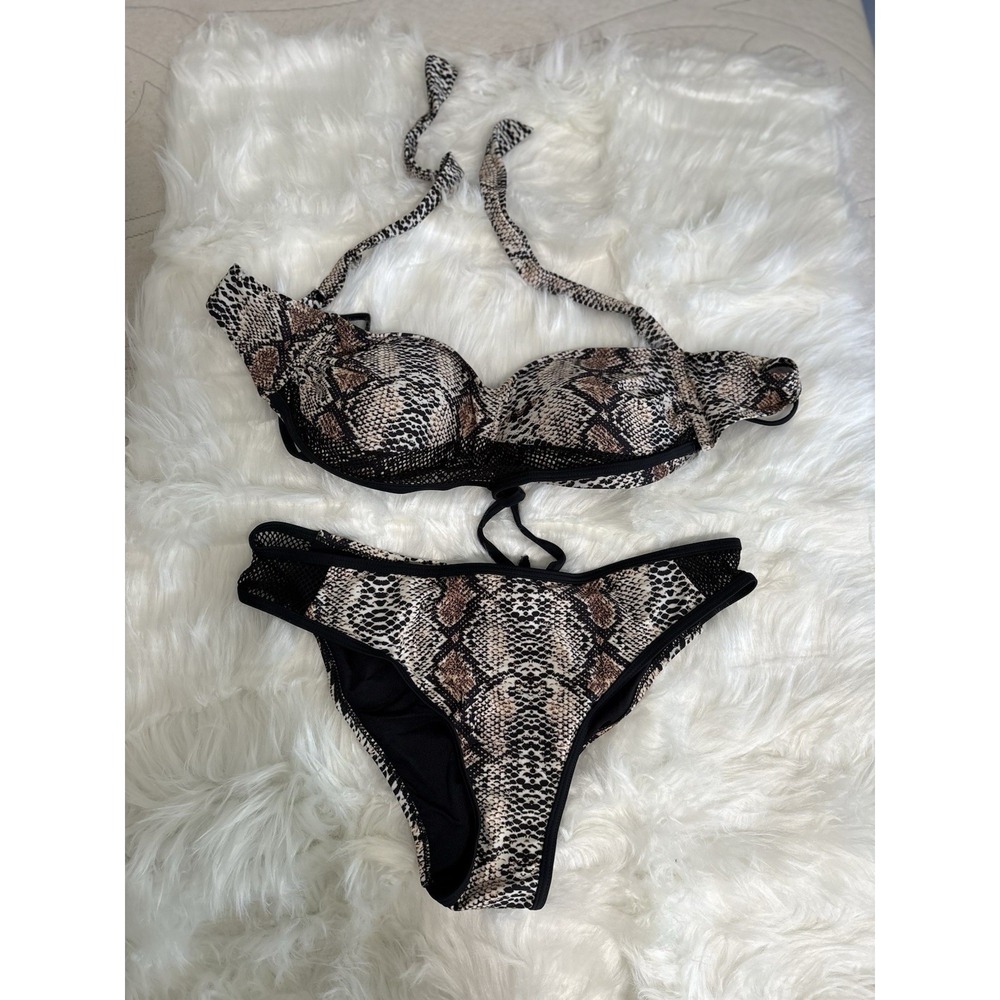 Peddney Women's Snake Print 2 Piece Swim Mesh Suit Bikini Sz Large New
